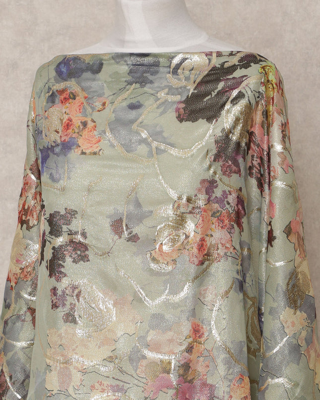 Sage Green Traditional Somali Silk Chiffon Dirac Fabric with Metallic Lurex Multicolor Floral Design, 3.5 Mtrs Piece, Width 140 Cms, Made in South Korea-D26526