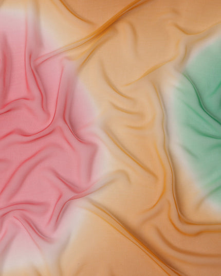Peach Silk Georgette Fabric with Green and Pink Abstract Circular Print, 110 Cms Width, India-D25533