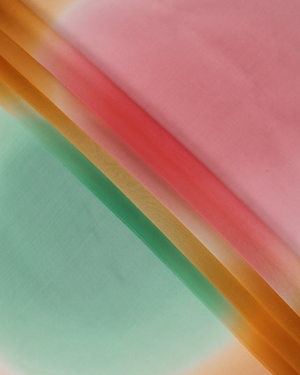 Peach Silk Georgette Fabric with Green and Pink Abstract Circular Print, 110 Cms Width, India-D25533