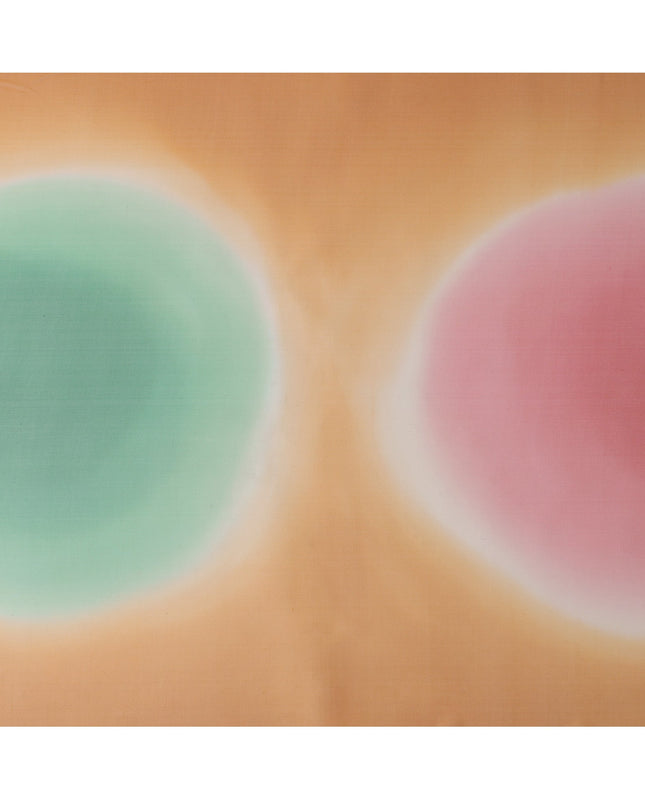 Peach Silk Georgette Fabric with Green and Pink Abstract Circular Print, 110 Cms Width, India-D25533