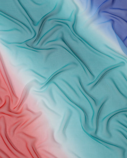 Pink Red and Aqua Silk Georgette Fabric with Diagonal Ombre Print, 110 Cms Width, India-D25535