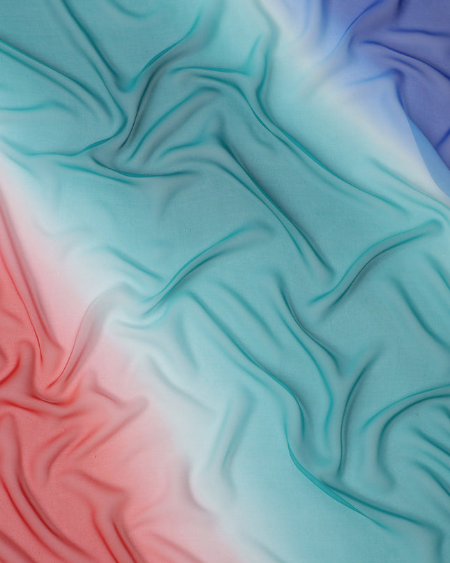 Pink Red and Aqua Silk Georgette Fabric with Diagonal Ombre Print, 110 Cms Width, India-D25535