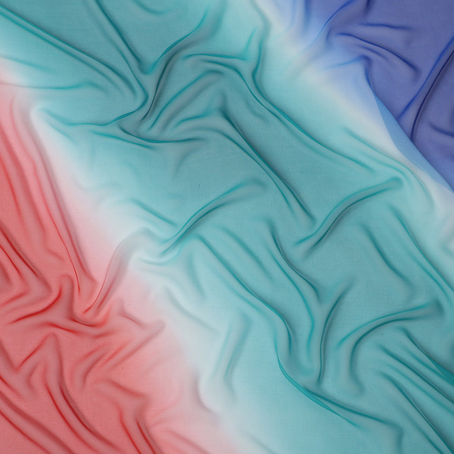 Pink Red and Aqua Silk Georgette Fabric with Diagonal Ombre Print, 110 Cms Width, India-D25535