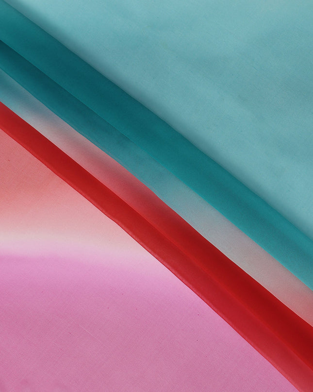 Pink Red and Aqua Silk Georgette Fabric with Diagonal Ombre Print, 110 Cms Width, India-D25535