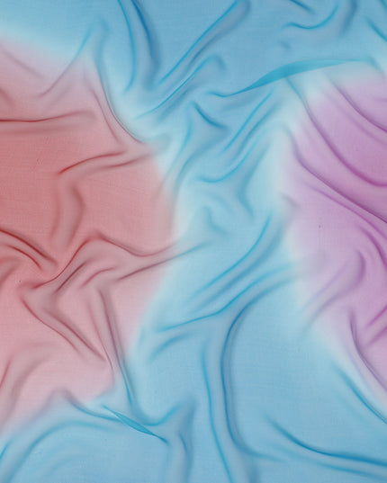 Sky Blue Silk Georgette Fabric with Pink and Red Abstract Circular Print, 110 Cms Width, India-D25537