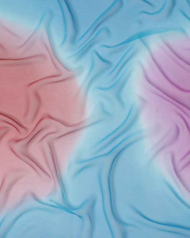 Sky Blue Silk Georgette Fabric with Pink and Red Abstract Circular Print, 110 Cms Width, India-D25537