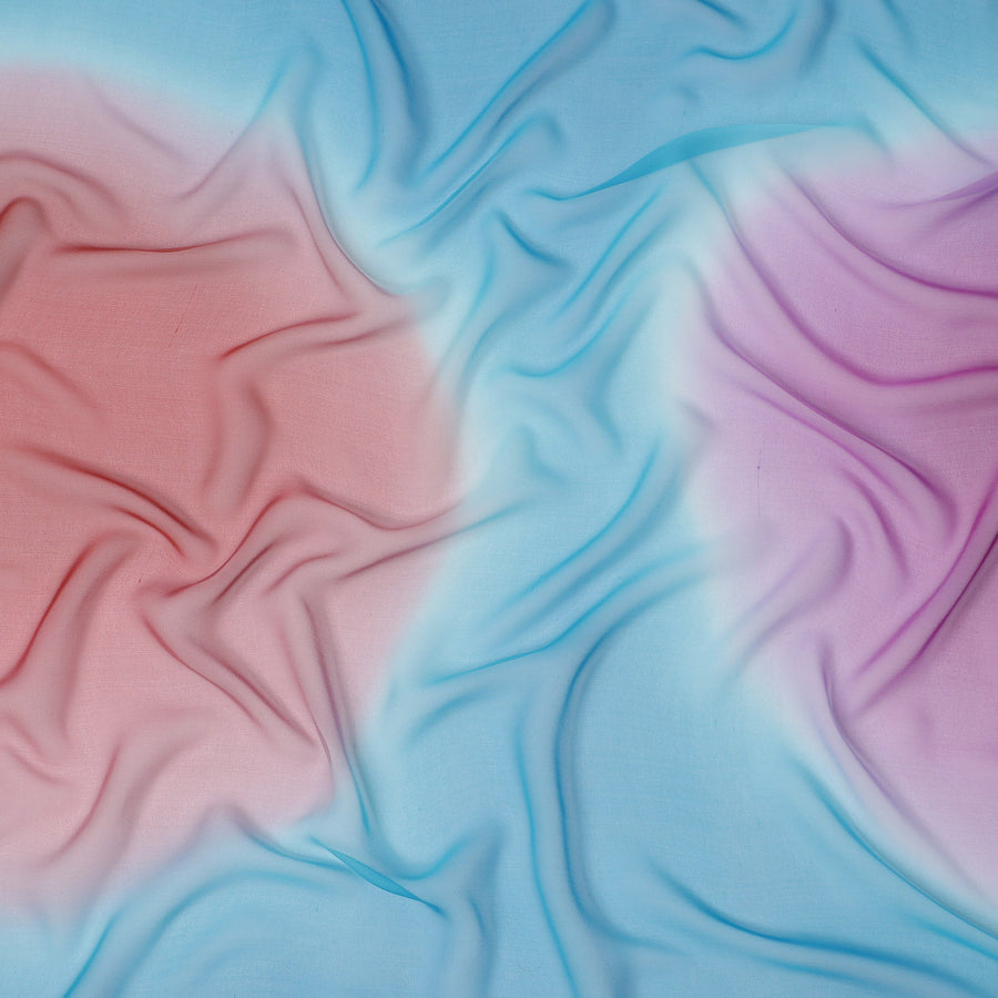 Sky Blue Silk Georgette Fabric with Pink and Red Abstract Circular Print, 110 Cms Width, India-D25537