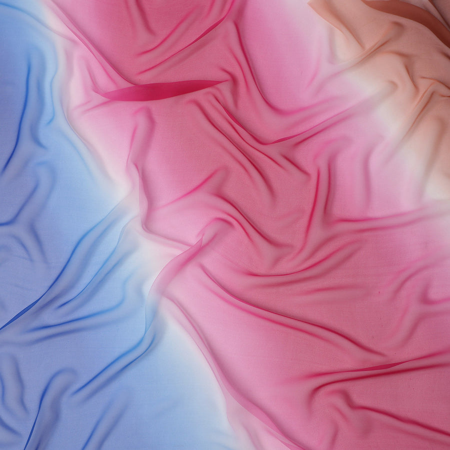 Peach Blue and Pink Silk Georgette Fabric with Diagonal Ombre Print, 110 Cms Width, India-D25534