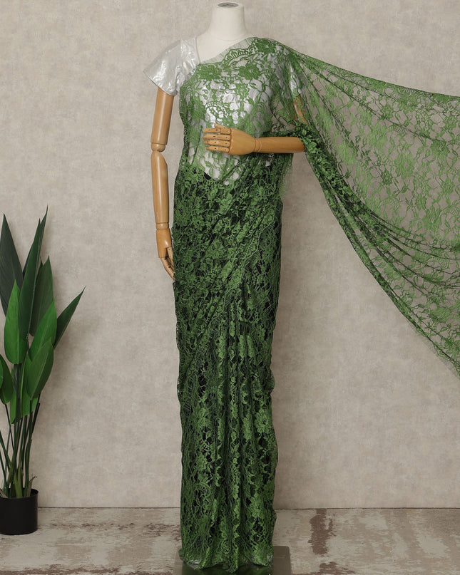 Emerald Green Premium French 2-Tone Chantilly Lace Saree, 5.5 Mtrs Length, 110 Cms Width, Crafted in France-Blouse Not Included-D26701