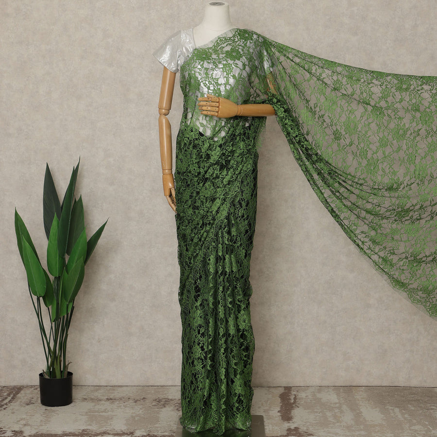 Emerald Green Premium French 2-Tone Chantilly Lace Saree, 5.5 Mtrs Length, 110 Cms Width, Crafted in France-Blouse Not Included-D26701