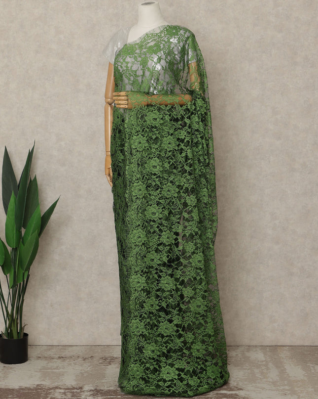 Emerald Green Premium French 2-Tone Chantilly Lace Saree, 5.5 Mtrs Length, 110 Cms Width, Crafted in France-Blouse Not Included-D26701