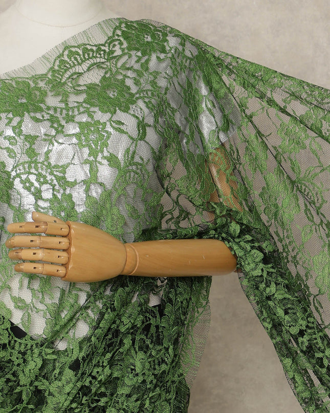 Emerald Green Premium French 2-Tone Chantilly Lace Saree, 5.5 Mtrs Length, 110 Cms Width, Crafted in France-Blouse Not Included-D26701