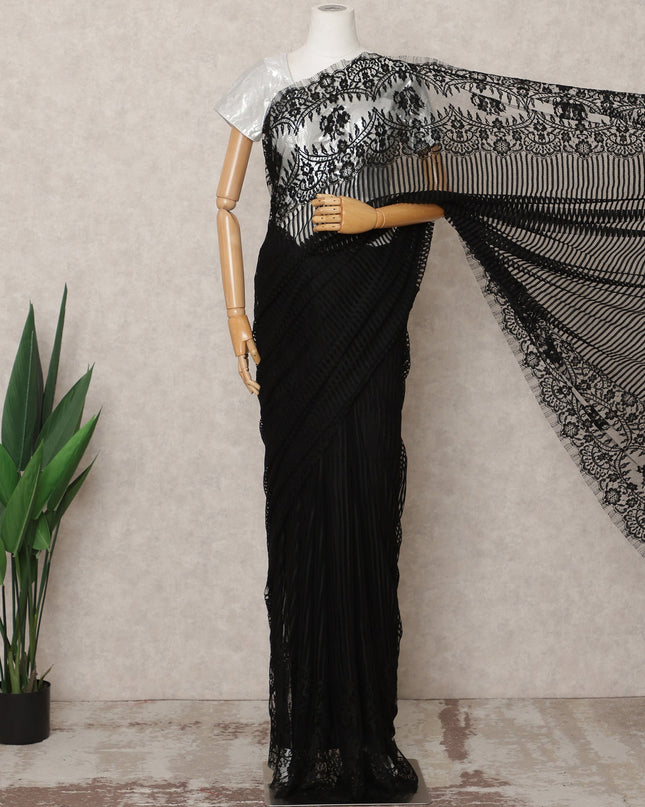 Black Premium French Chantilly Lace Saree Fabric 5.5 Mtrs with 110 Cms Width – Imported from France-D25669