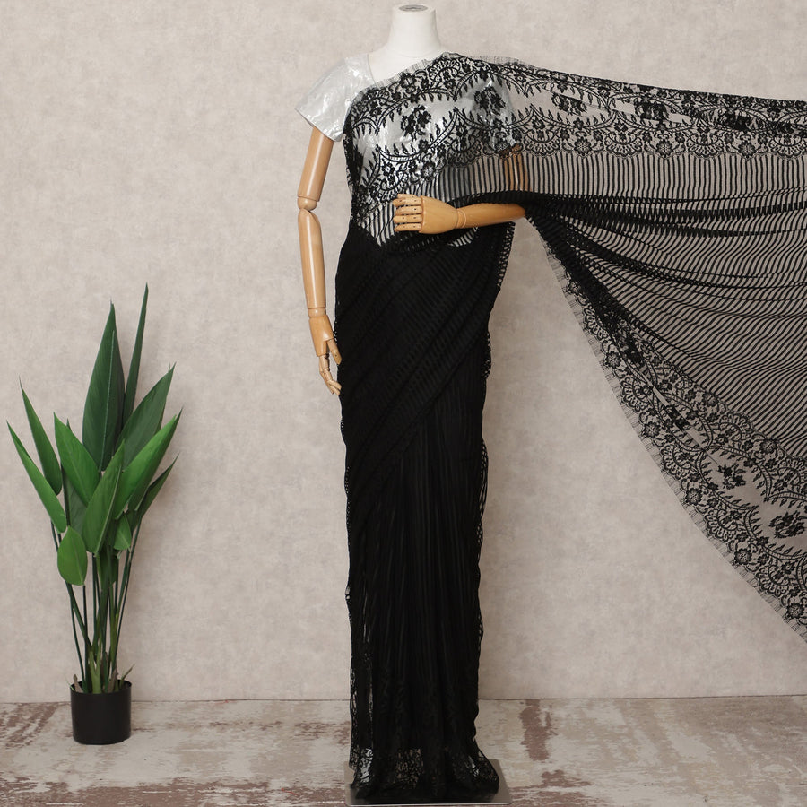 Black Premium French Chantilly Lace Saree Fabric 5.5 Mtrs with 110 Cms Width – Imported from France-D25669