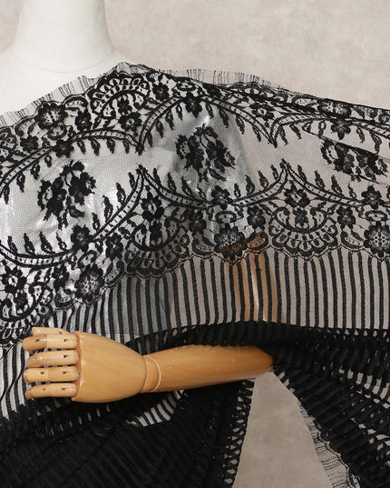 Black Premium French Chantilly Lace Saree Fabric 5.5 Mtrs with 110 Cms Width – Imported from France-D25669