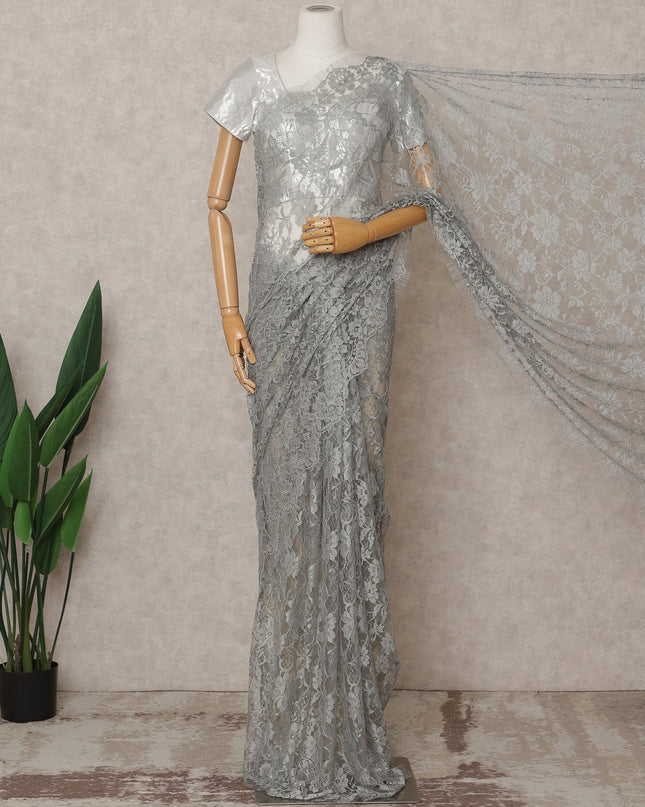 Silver Grey Premium French Chantilly Lace Saree Fabric 5.5 Mtrs with 110 Cms Width – Imported from France-D25634