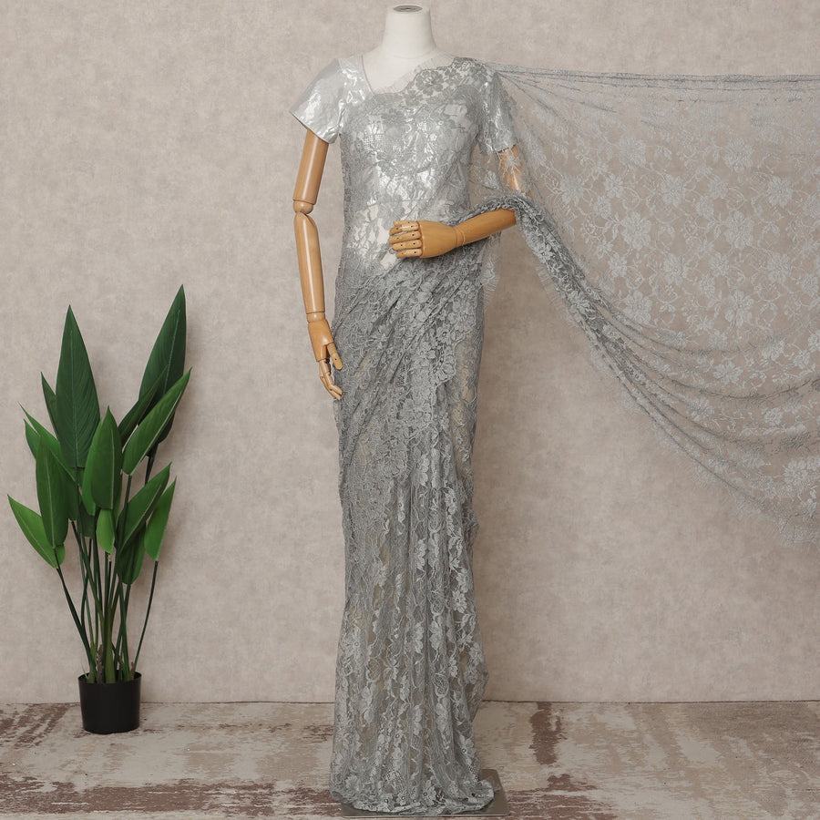 Silver Grey Premium French Chantilly Lace Saree Fabric 5.5 Mtrs with 110 Cms Width – Imported from France-D25634