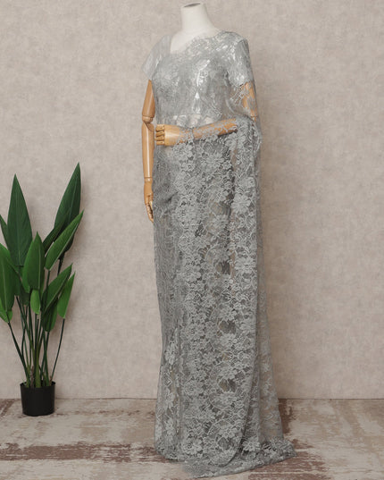 Silver Grey Premium French Chantilly Lace Saree Fabric 5.5 Mtrs with 110 Cms Width – Imported from France-D25634