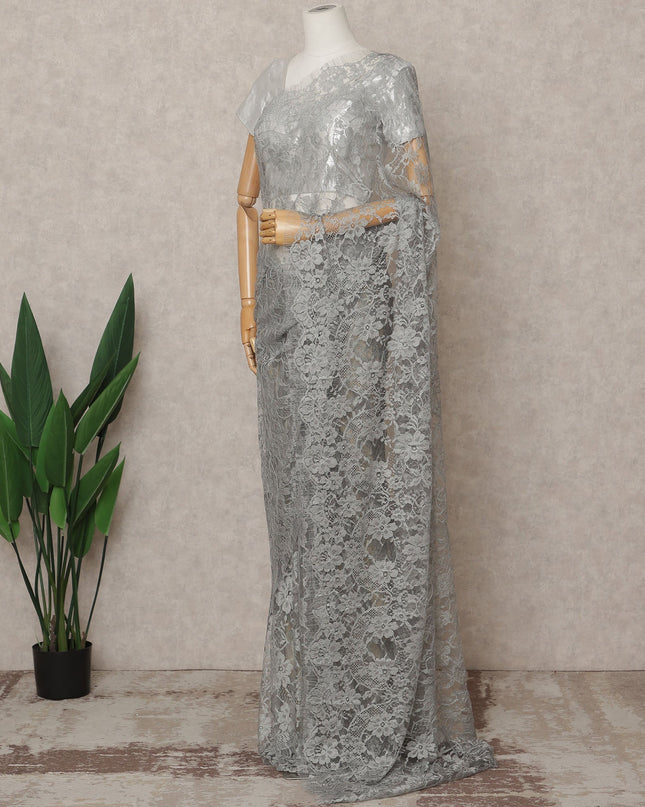 Silver Grey Premium French Chantilly Lace Saree Fabric 5.5 Mtrs with 110 Cms Width – Imported from France-D25634