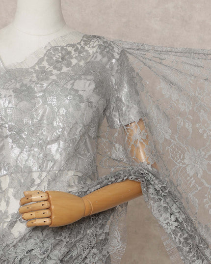 Silver Grey Premium French Chantilly Lace Saree Fabric 5.5 Mtrs with 110 Cms Width – Imported from France-D25634