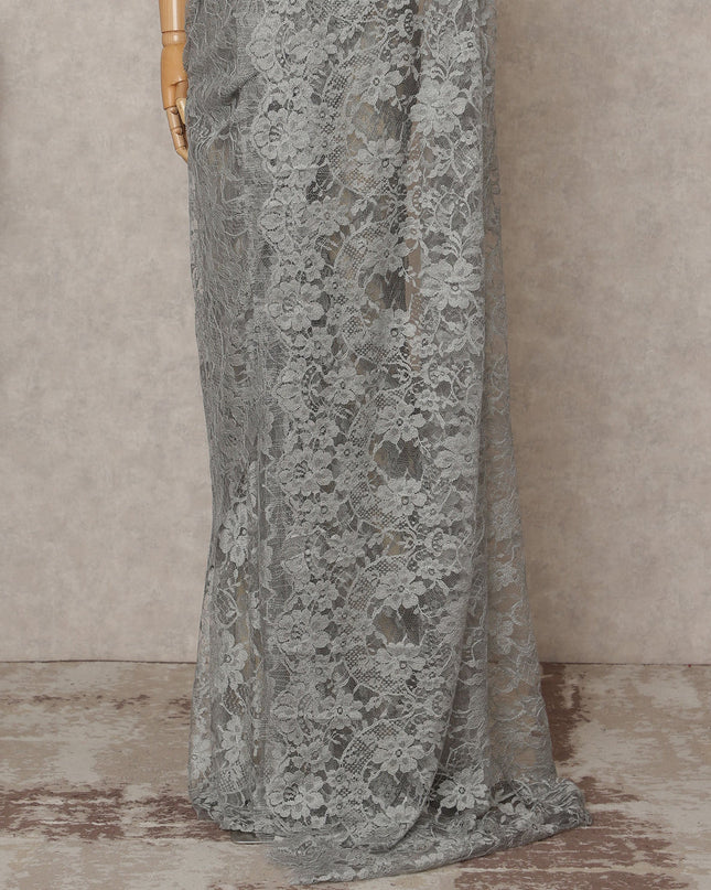 Silver Grey Premium French Chantilly Lace Saree Fabric 5.5 Mtrs with 110 Cms Width – Imported from France-D25634