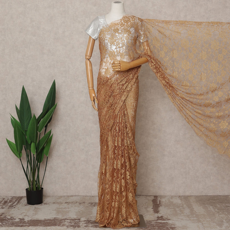 Golden Beige Premium 2-Tone French Chantilly Lace Saree Fabric 5.5 Mtrs with 110 Cms Width – Imported from France-D25659