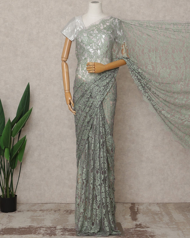 Sage Green Premium 2-Tone French Chantilly Lace Saree Fabric 5.5 Mtrs with 110 Cms Width – Imported from France-D25664