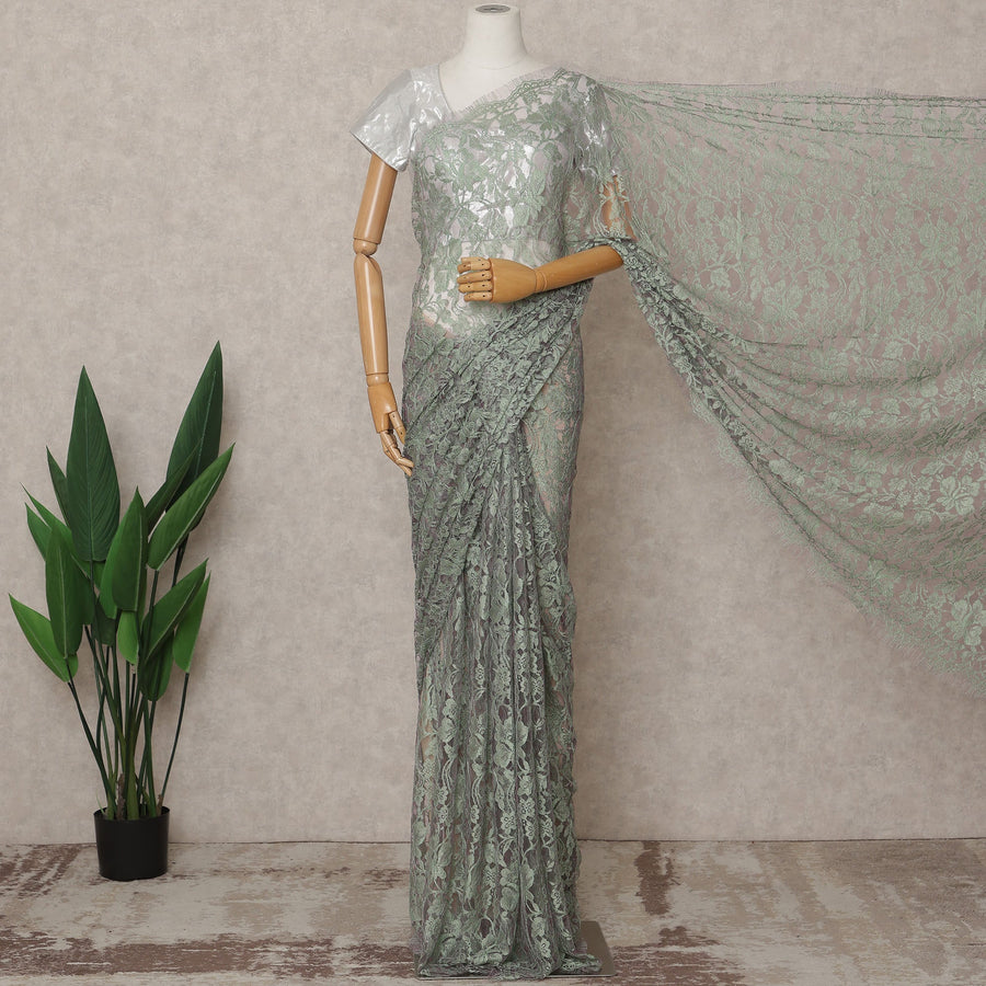 Sage Green Premium 2-Tone French Chantilly Lace Saree Fabric 5.5 Mtrs with 110 Cms Width – Imported from France-D25664
