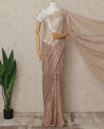 Rose Gold Premium French Metallic Chantilly Lace Saree Fabric, 5.5 Mtrs Length, 110 Cms Width, Crafted in France – Delicate Metallic Floral Lace, Blouse Not Included-D26414
