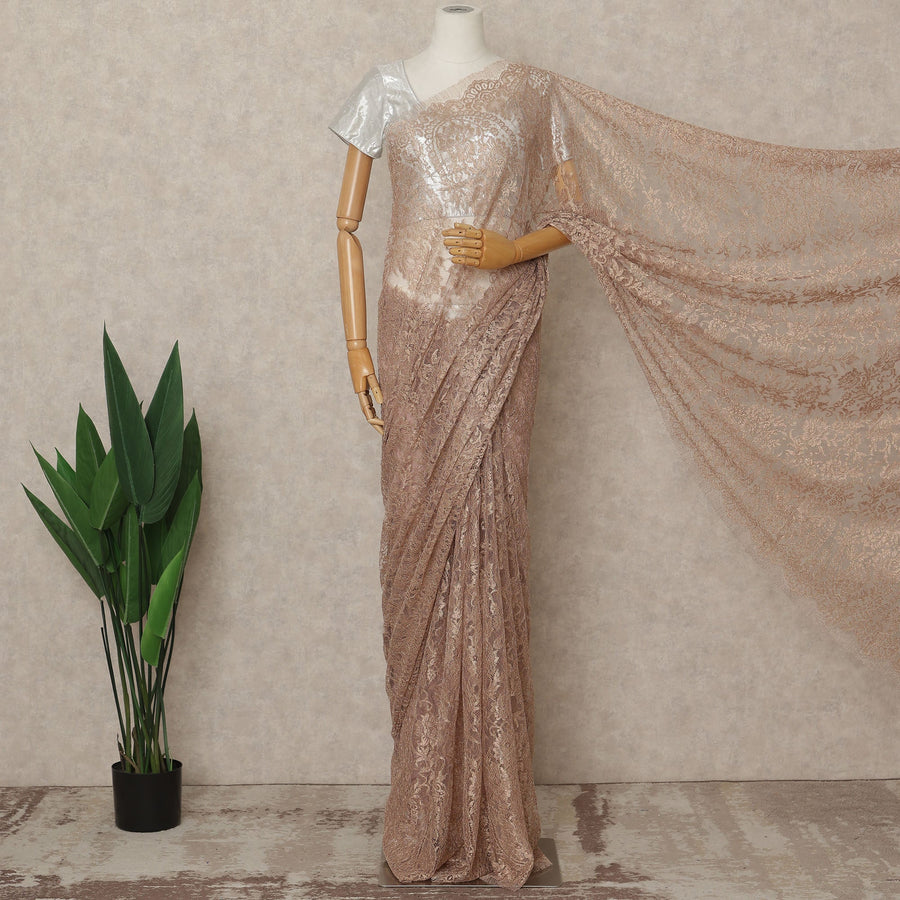 Rose Gold Premium French Metallic Chantilly Lace Saree Fabric, 5.5 Mtrs Length, 110 Cms Width, Crafted in France – Delicate Metallic Floral Lace, Blouse Not Included-D26414