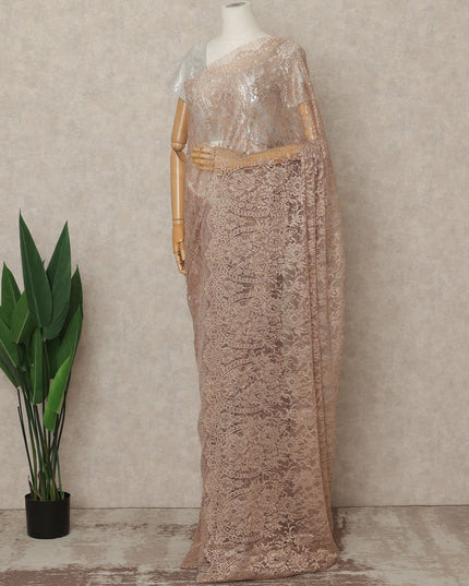 Rose Gold Premium French Metallic Chantilly Lace Saree Fabric, 5.5 Mtrs Length, 110 Cms Width, Crafted in France – Delicate Metallic Floral Lace, Blouse Not Included-D26414