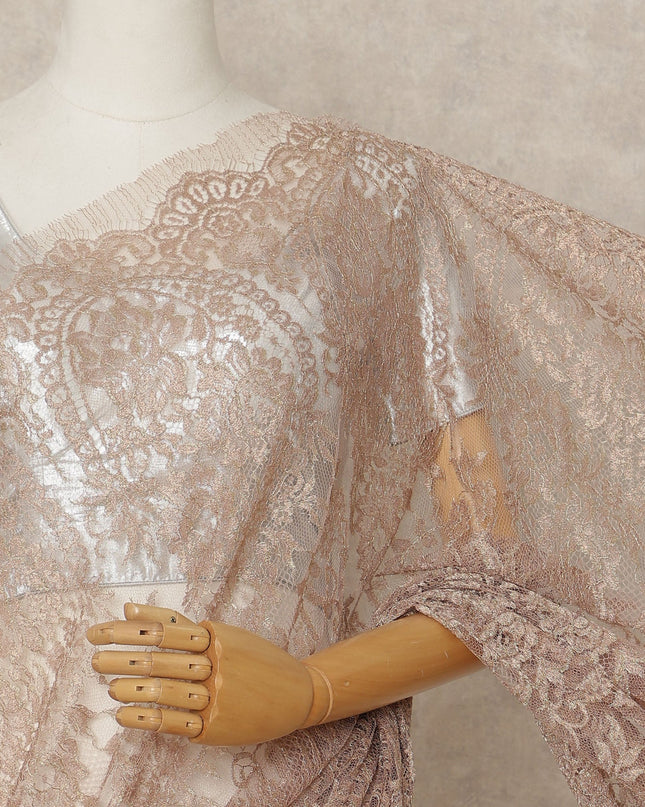 Rose Gold Premium French Metallic Chantilly Lace Saree Fabric, 5.5 Mtrs Length, 110 Cms Width, Crafted in France – Delicate Metallic Floral Lace, Blouse Not Included-D26414