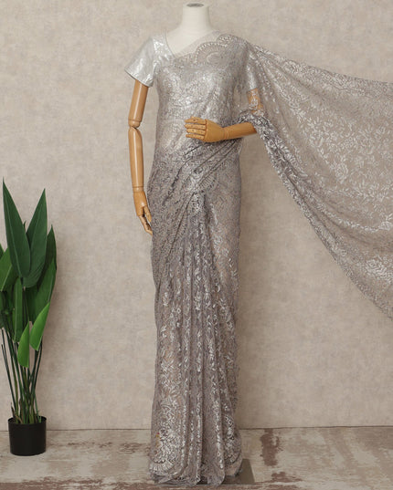 Light Pink Premium French Metallic Chantilly Lace Saree Fabric, 5.5 Mtrs Length, 110 Cms Width, Crafted in France – Luxe Metallic Floral Lace, Blouse Not Included-D26426