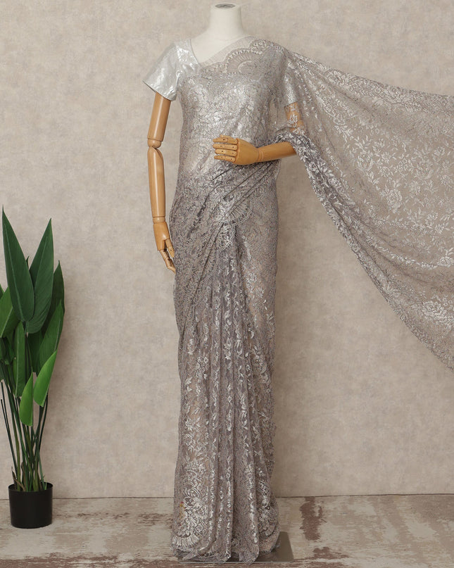 Light Pink Premium French Metallic Chantilly Lace Saree Fabric, 5.5 Mtrs Length, 110 Cms Width, Crafted in France – Luxe Metallic Floral Lace, Blouse Not Included-D26426