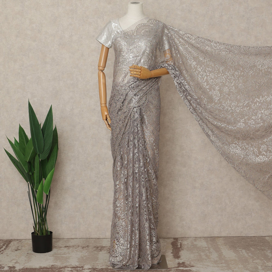 Light Pink Premium French Metallic Chantilly Lace Saree Fabric, 5.5 Mtrs Length, 110 Cms Width, Crafted in France – Luxe Metallic Floral Lace, Blouse Not Included-D26426