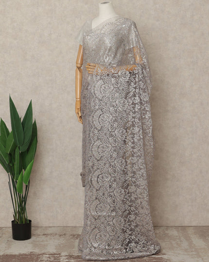 Light Pink Premium French Metallic Chantilly Lace Saree Fabric, 5.5 Mtrs Length, 110 Cms Width, Crafted in France – Luxe Metallic Floral Lace, Blouse Not Included-D26426