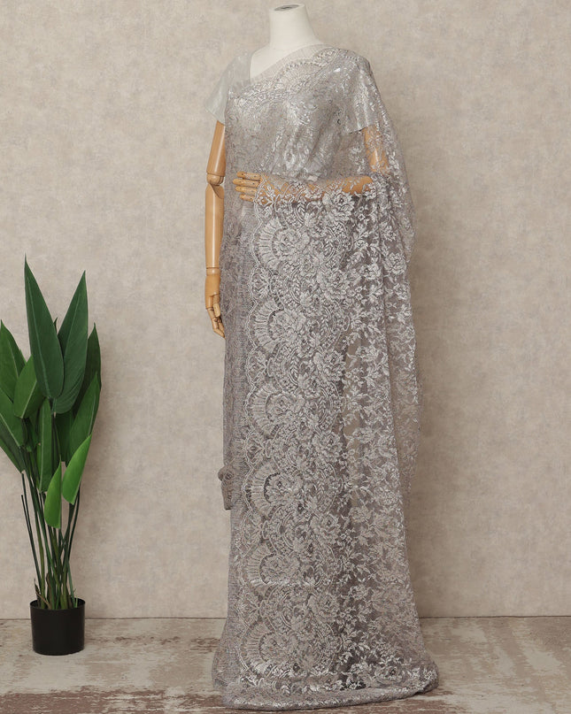 Light Pink Premium French Metallic Chantilly Lace Saree Fabric, 5.5 Mtrs Length, 110 Cms Width, Crafted in France – Luxe Metallic Floral Lace, Blouse Not Included-D26426