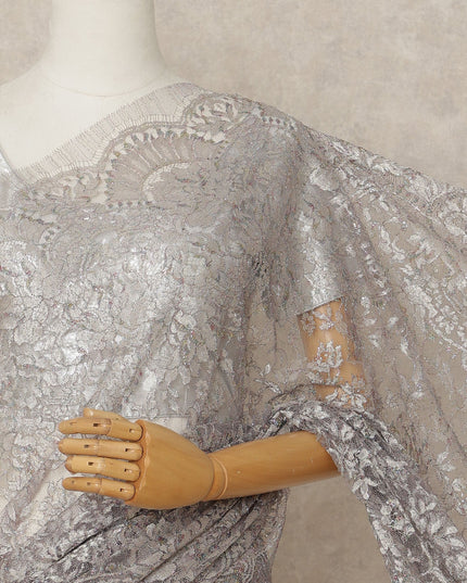 Light Pink Premium French Metallic Chantilly Lace Saree Fabric, 5.5 Mtrs Length, 110 Cms Width, Crafted in France – Luxe Metallic Floral Lace, Blouse Not Included-D26426