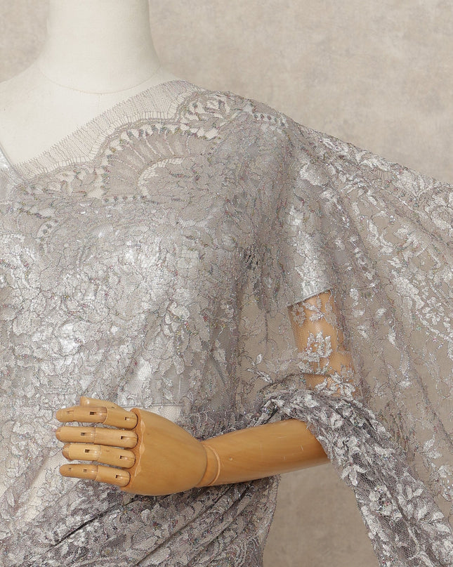 Light Pink Premium French Metallic Chantilly Lace Saree Fabric, 5.5 Mtrs Length, 110 Cms Width, Crafted in France – Luxe Metallic Floral Lace, Blouse Not Included-D26426