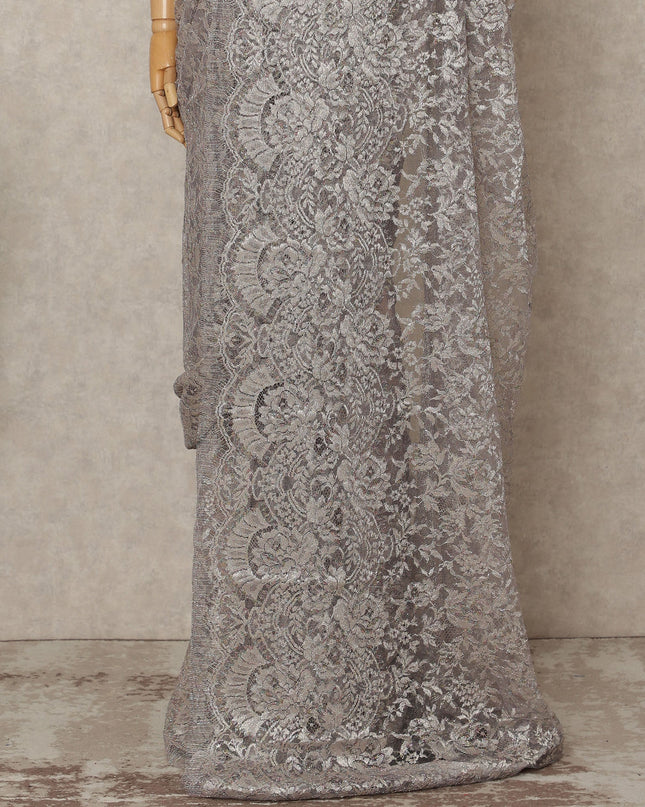 Light Pink Premium French Metallic Chantilly Lace Saree Fabric, 5.5 Mtrs Length, 110 Cms Width, Crafted in France – Luxe Metallic Floral Lace, Blouse Not Included-D26426