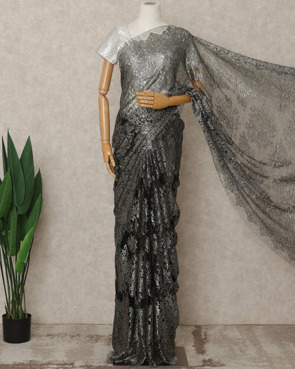 Black Premium French Metallic Chantilly Lace Saree Fabric, 5.5 Mtrs Length, 110 Cms Width, Crafted in France – Luxurious Metallic Floral Lace, Blouse Not Included-D26415