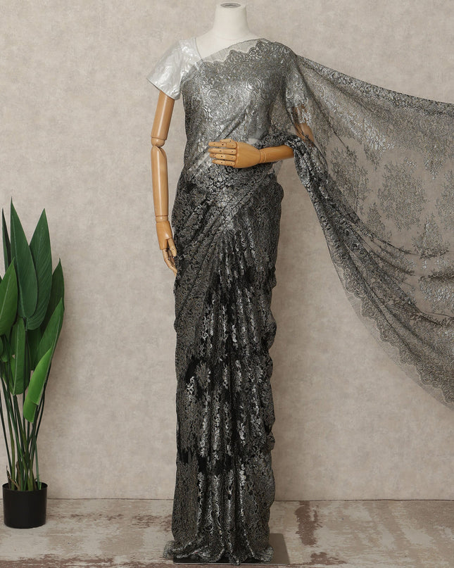 Black Premium French Metallic Chantilly Lace Saree Fabric, 5.5 Mtrs Length, 110 Cms Width, Crafted in France – Luxurious Metallic Floral Lace, Blouse Not Included-D26415