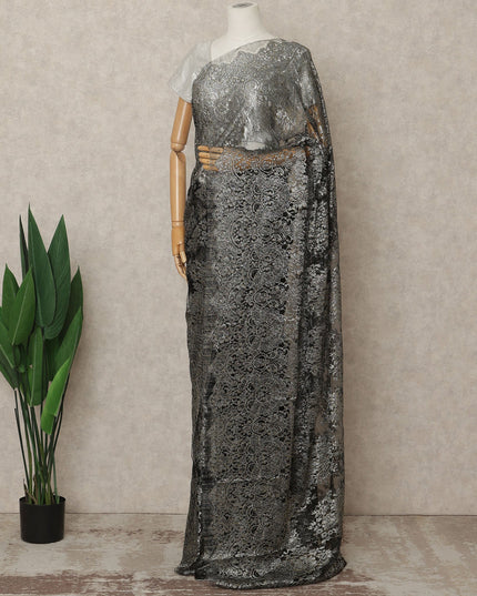 Black Premium French Metallic Chantilly Lace Saree Fabric, 5.5 Mtrs Length, 110 Cms Width, Crafted in France – Luxurious Metallic Floral Lace, Blouse Not Included-D26415