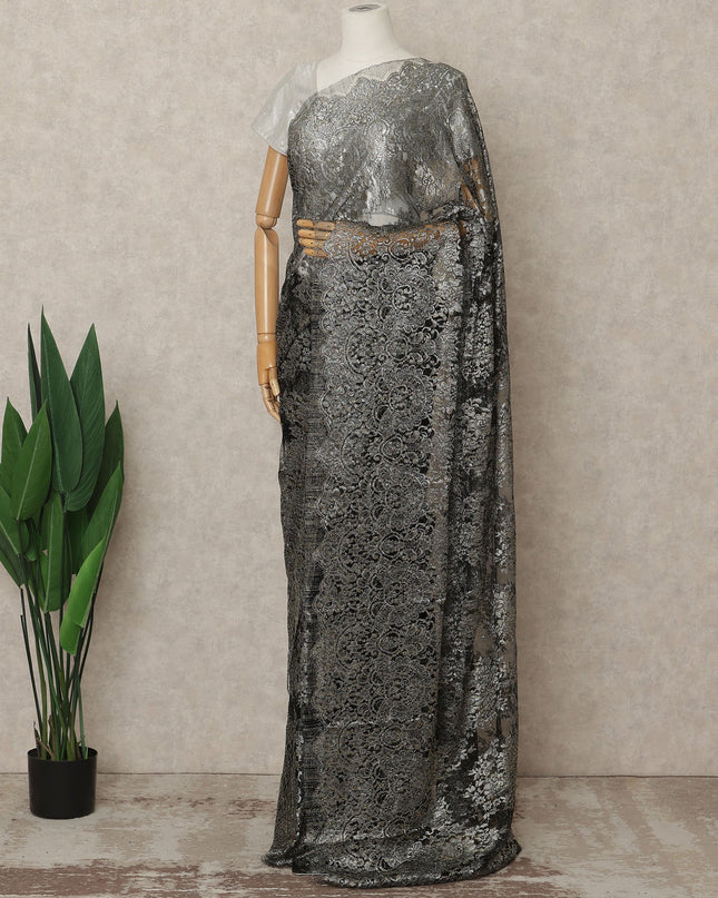 Black Premium French Metallic Chantilly Lace Saree Fabric, 5.5 Mtrs Length, 110 Cms Width, Crafted in France – Luxurious Metallic Floral Lace, Blouse Not Included-D26415