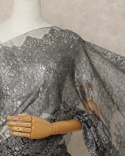 Black Premium French Metallic Chantilly Lace Saree Fabric, 5.5 Mtrs Length, 110 Cms Width, Crafted in France – Luxurious Metallic Floral Lace, Blouse Not Included-D26415