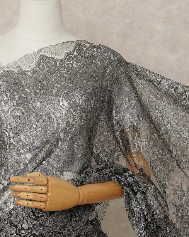 Black Premium French Metallic Chantilly Lace Saree Fabric, 5.5 Mtrs Length, 110 Cms Width, Crafted in France – Luxurious Metallic Floral Lace, Blouse Not Included-D26415