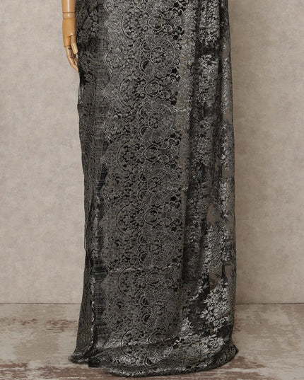 Black Premium French Metallic Chantilly Lace Saree Fabric, 5.5 Mtrs Length, 110 Cms Width, Crafted in France – Luxurious Metallic Floral Lace, Blouse Not Included-D26415
