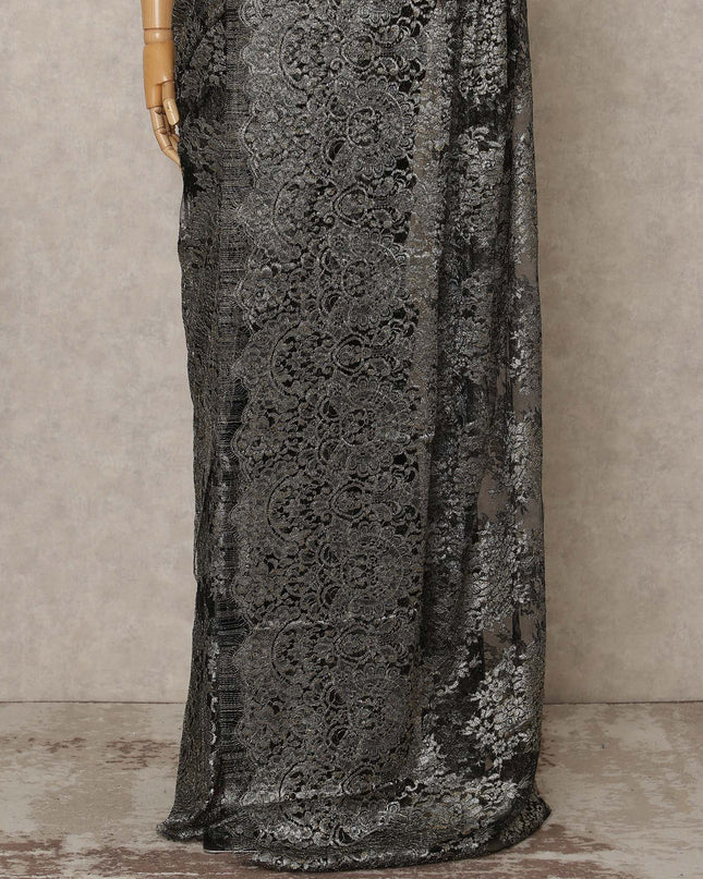Black Premium French Metallic Chantilly Lace Saree Fabric, 5.5 Mtrs Length, 110 Cms Width, Crafted in France – Luxurious Metallic Floral Lace, Blouse Not Included-D26415