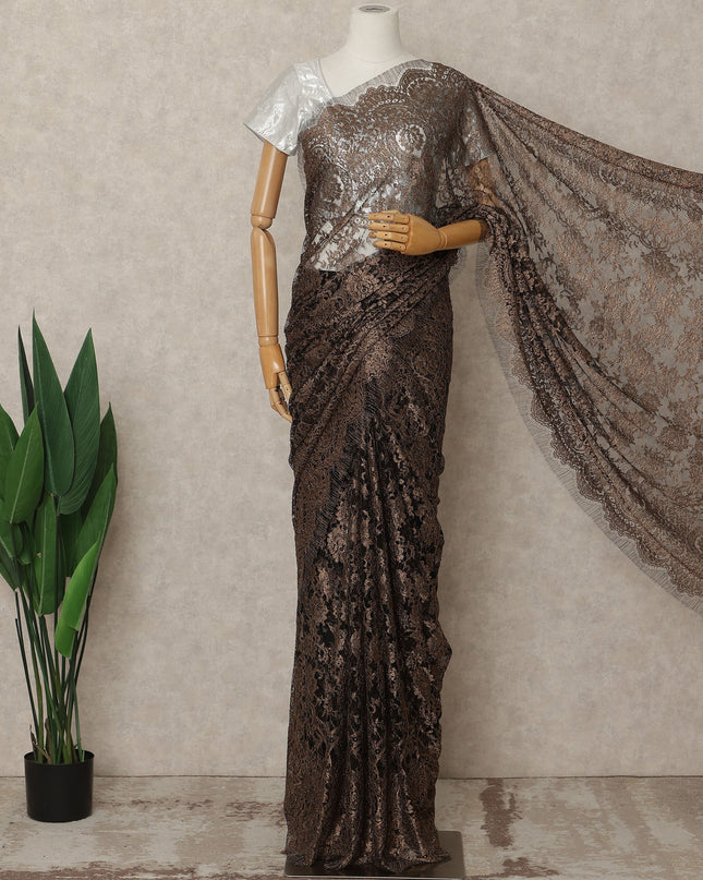 Bronze Premium French Metallic Chantilly Lace Saree Fabric, 5.5 Mtrs Length, 110 Cms Width, Crafted in France – Rich Floral Metallic Lace Detailing, Blouse Not Included-D26412