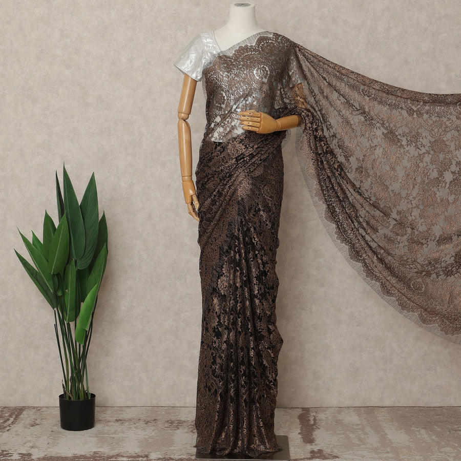 Bronze Premium French Metallic Chantilly Lace Saree Fabric, 5.5 Mtrs Length, 110 Cms Width, Crafted in France – Rich Floral Metallic Lace Detailing, Blouse Not Included-D26412